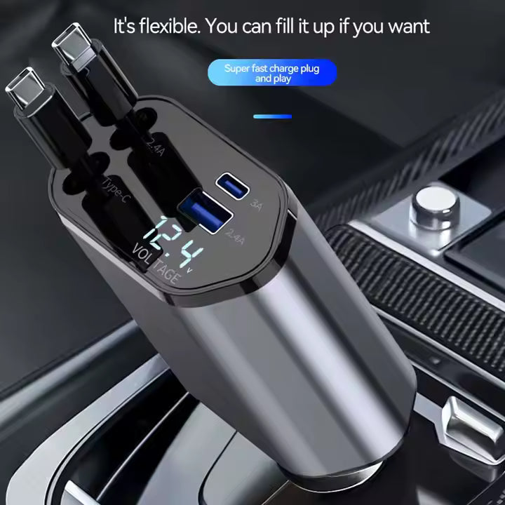 4-in-1 Retractable Car Charger – Fast Charging On the Go