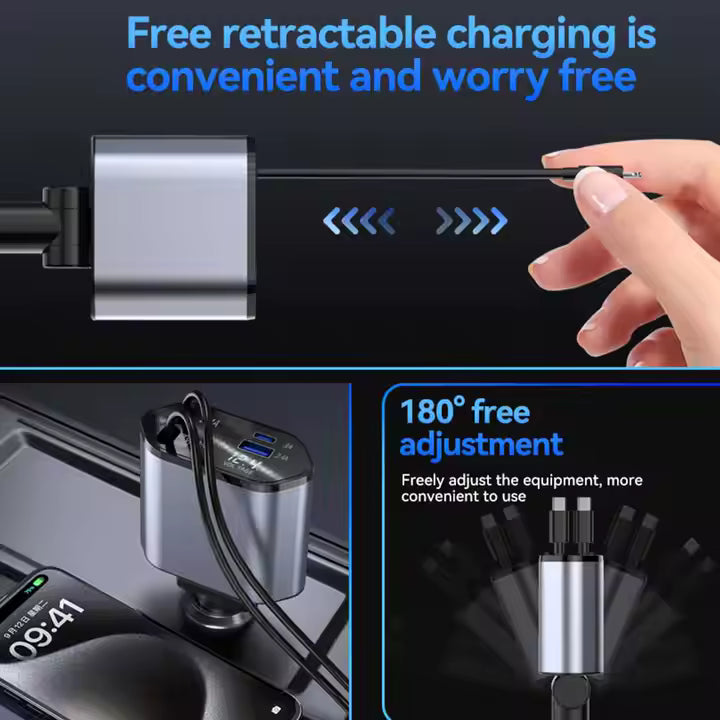 4-in-1 Retractable Car Charger – Fast Charging On the Go
