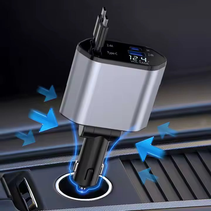 4-in-1 Retractable Car Charger – Fast Charging On the Go