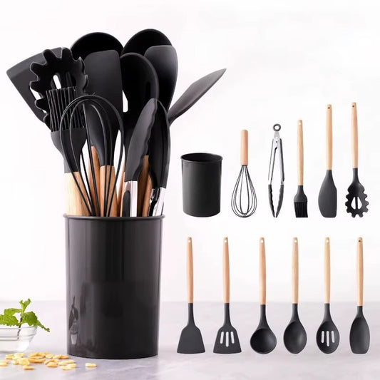 12-Piece Silicone Cooking Utensil Set with Wooden Handles